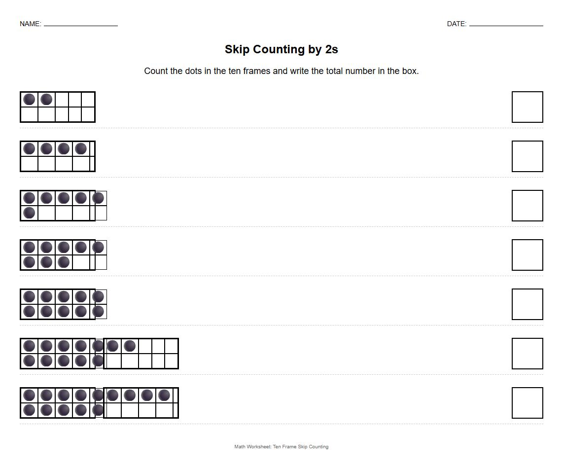 Skip Counting by 2s with Ten Frame Visualization Worksheet