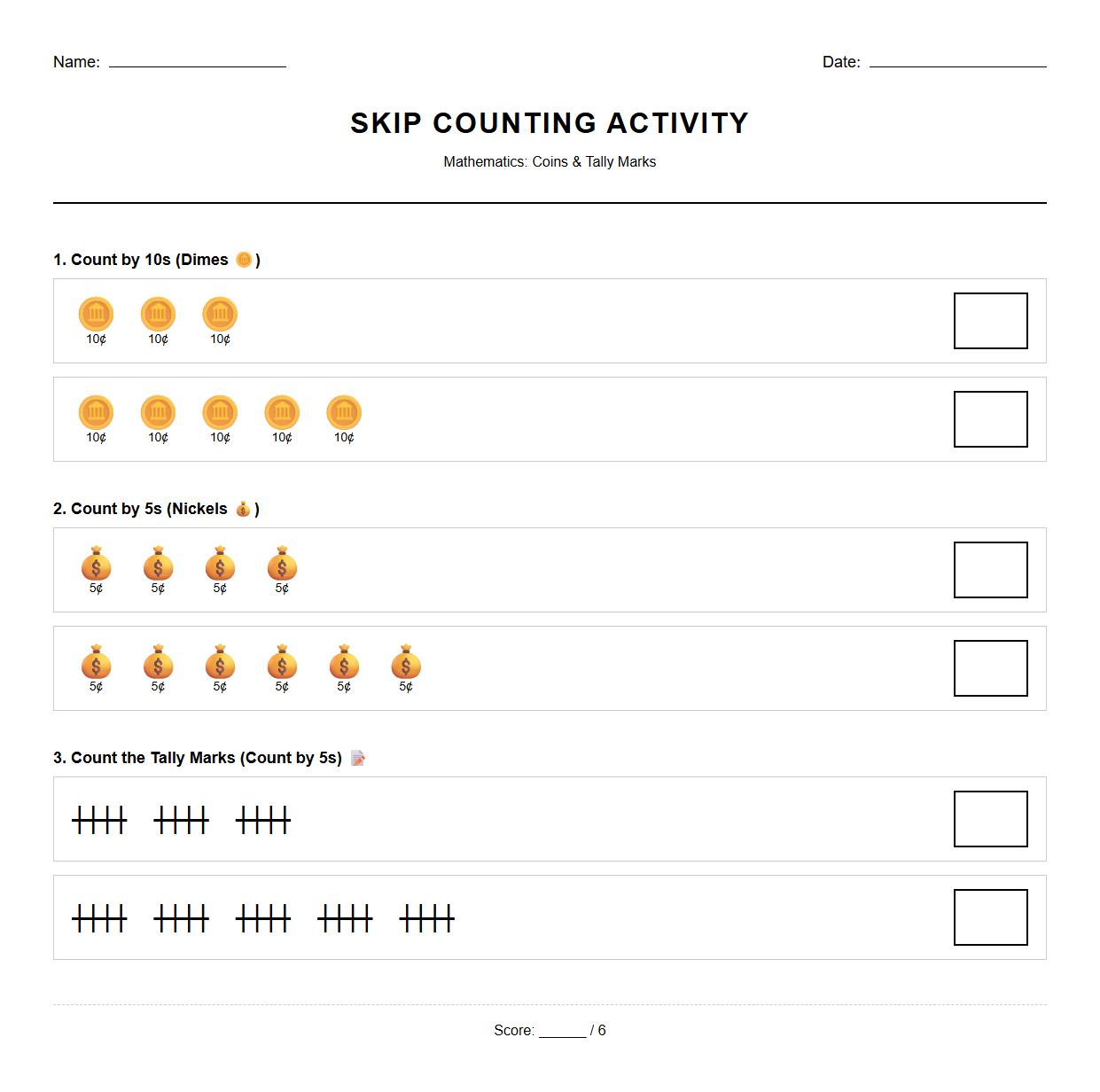 Skip Counting with Coins and Tally Marks Worksheet