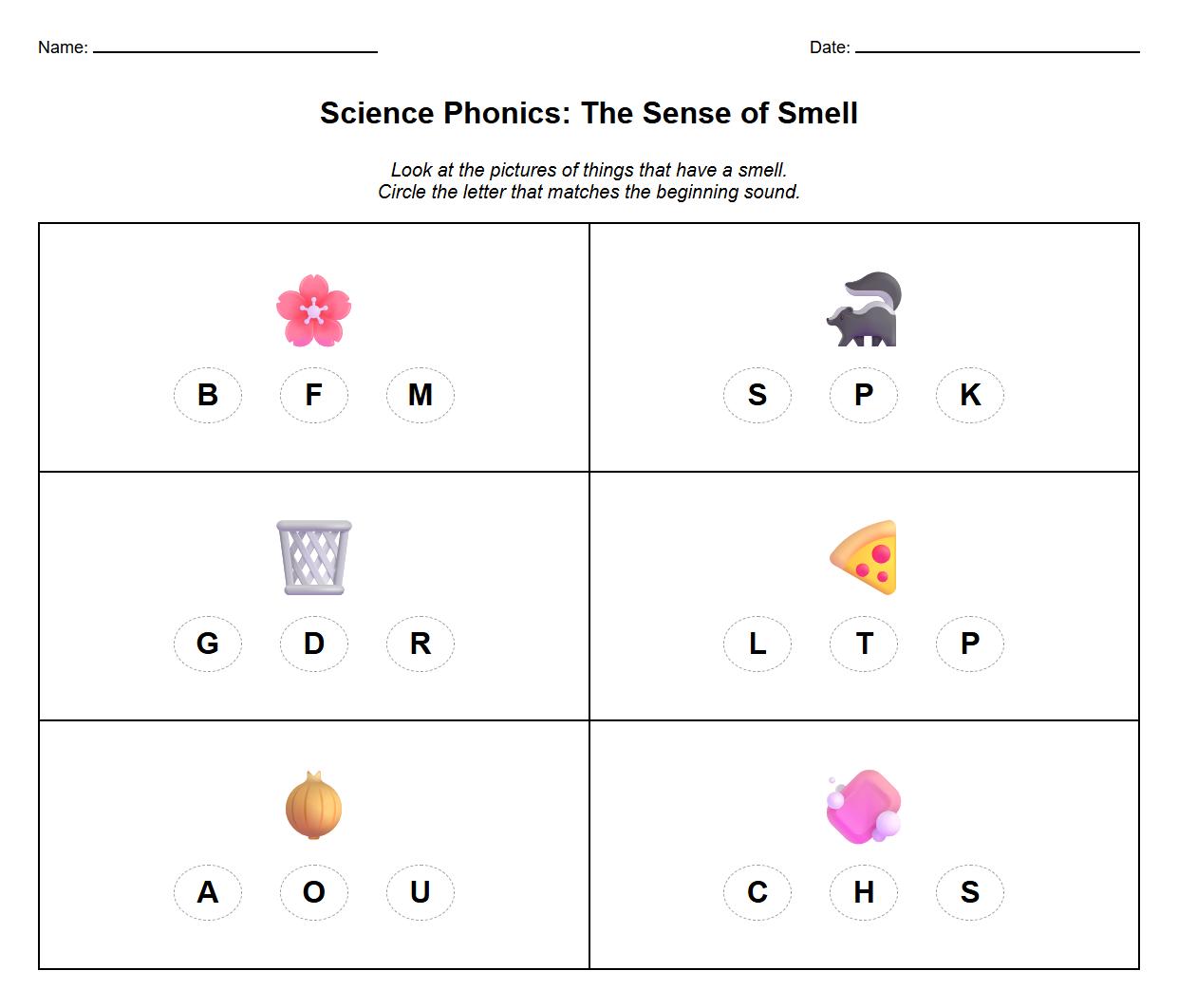 Smell Words Beginning Letter Phonics Worksheet