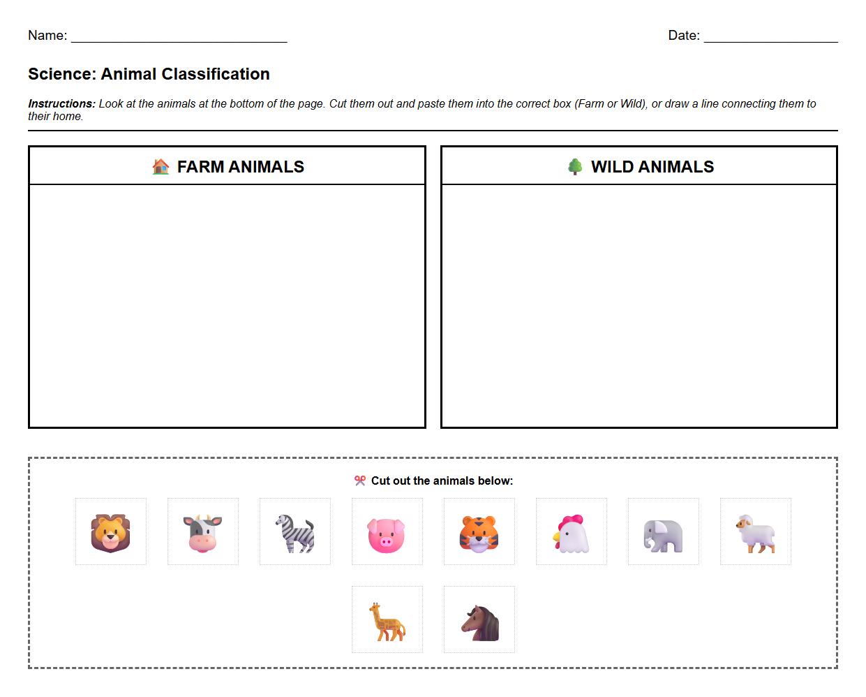 Sorting Farm and Wild Animals by Classifications Worksheet