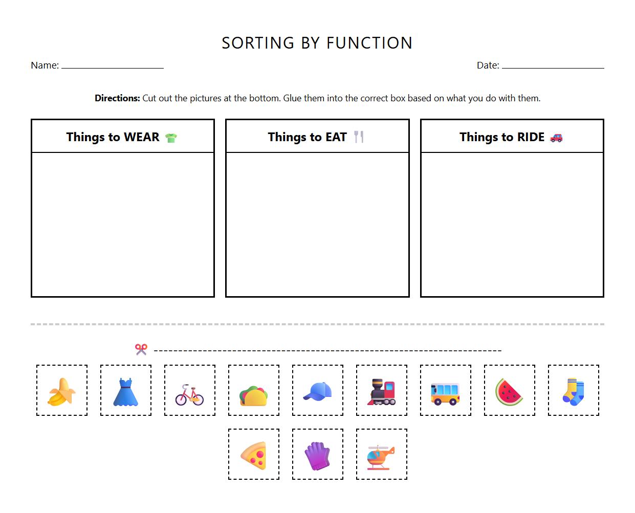 Sorting Objects by Function Worksheet