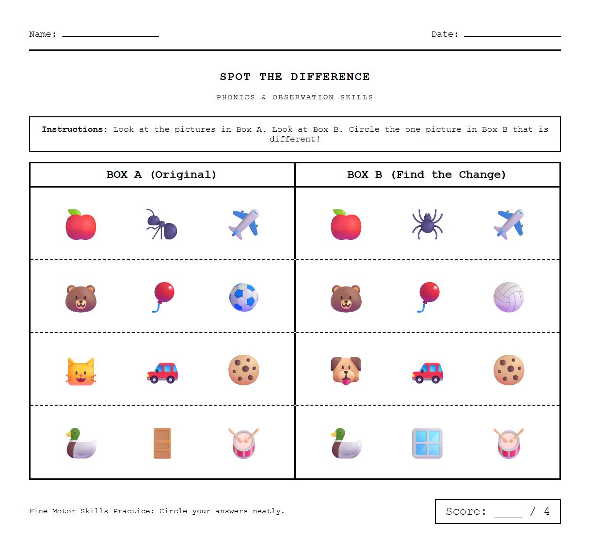 Spot the Difference Worksheet with Phonics Vocabulary Pictures