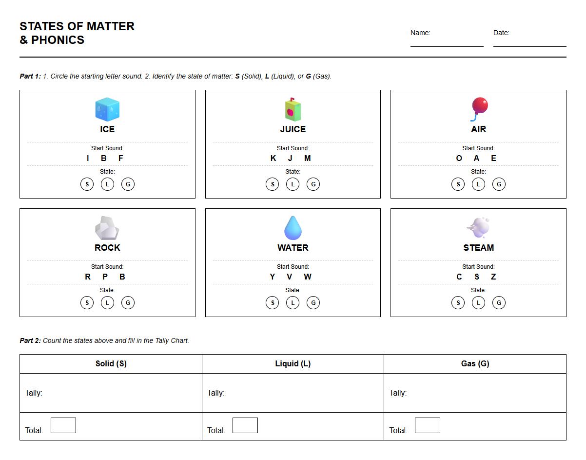 States of Matter Tally Chart Phonics Practice Sheet
