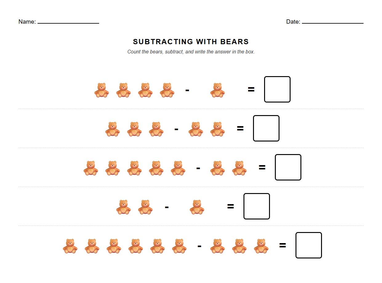 Subtracting with Counting Bears Worksheet