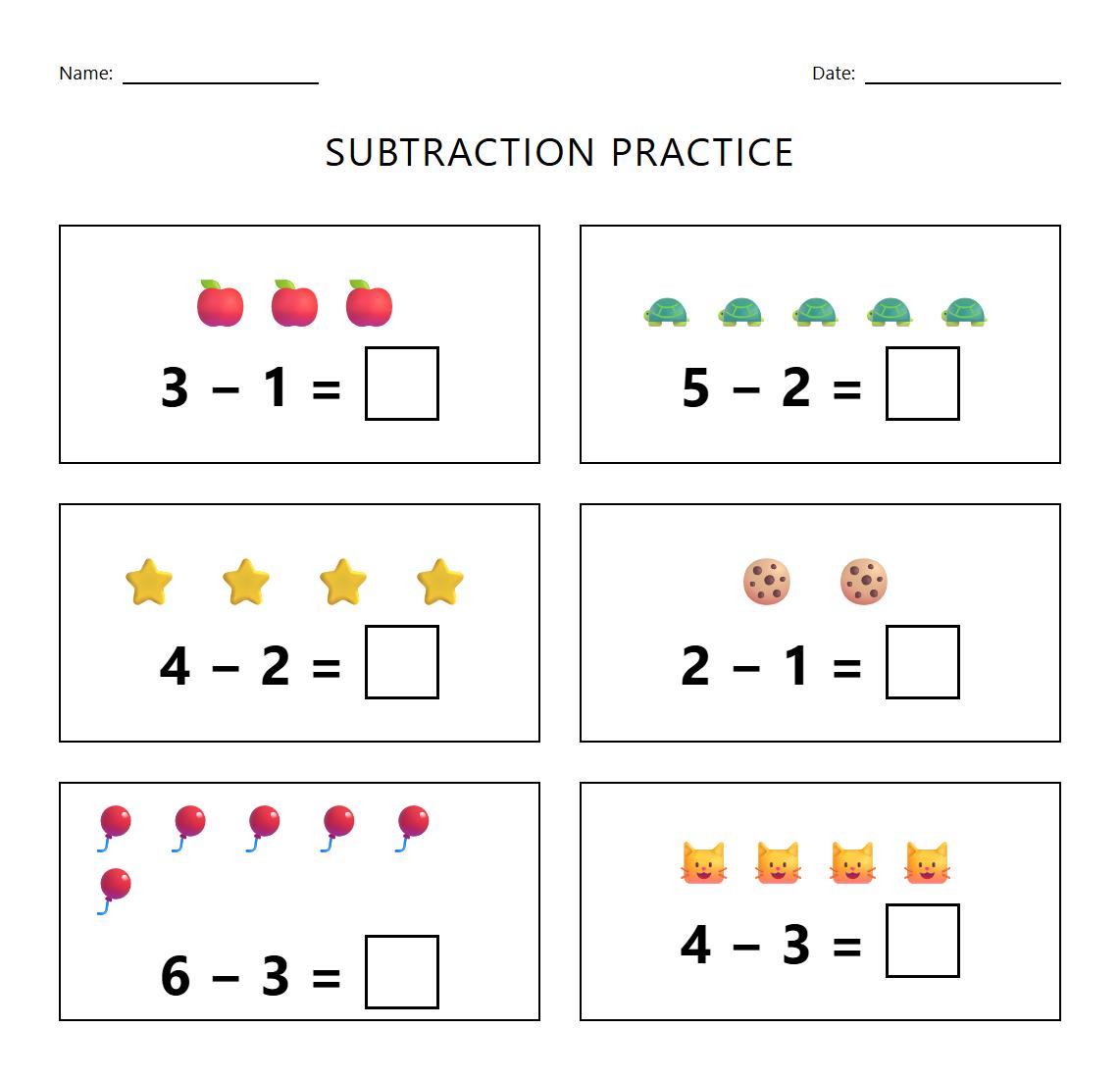 Subtraction Equation Fill in the Blank Activity