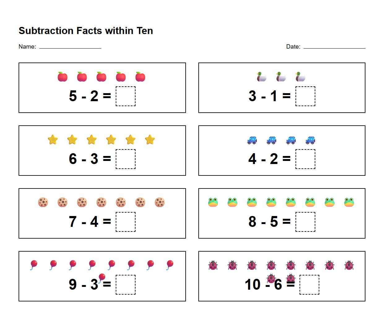 Subtraction Facts within Ten Worksheet
