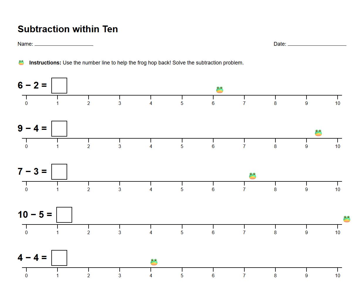 Subtraction within Ten Using Number Lines Worksheet