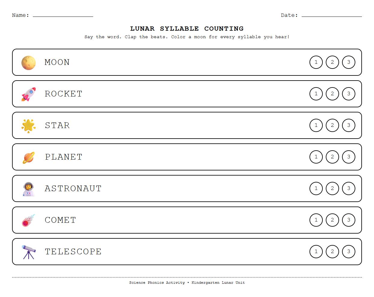 Syllable Counting Phonics Coloring Page with Lunar Patterns