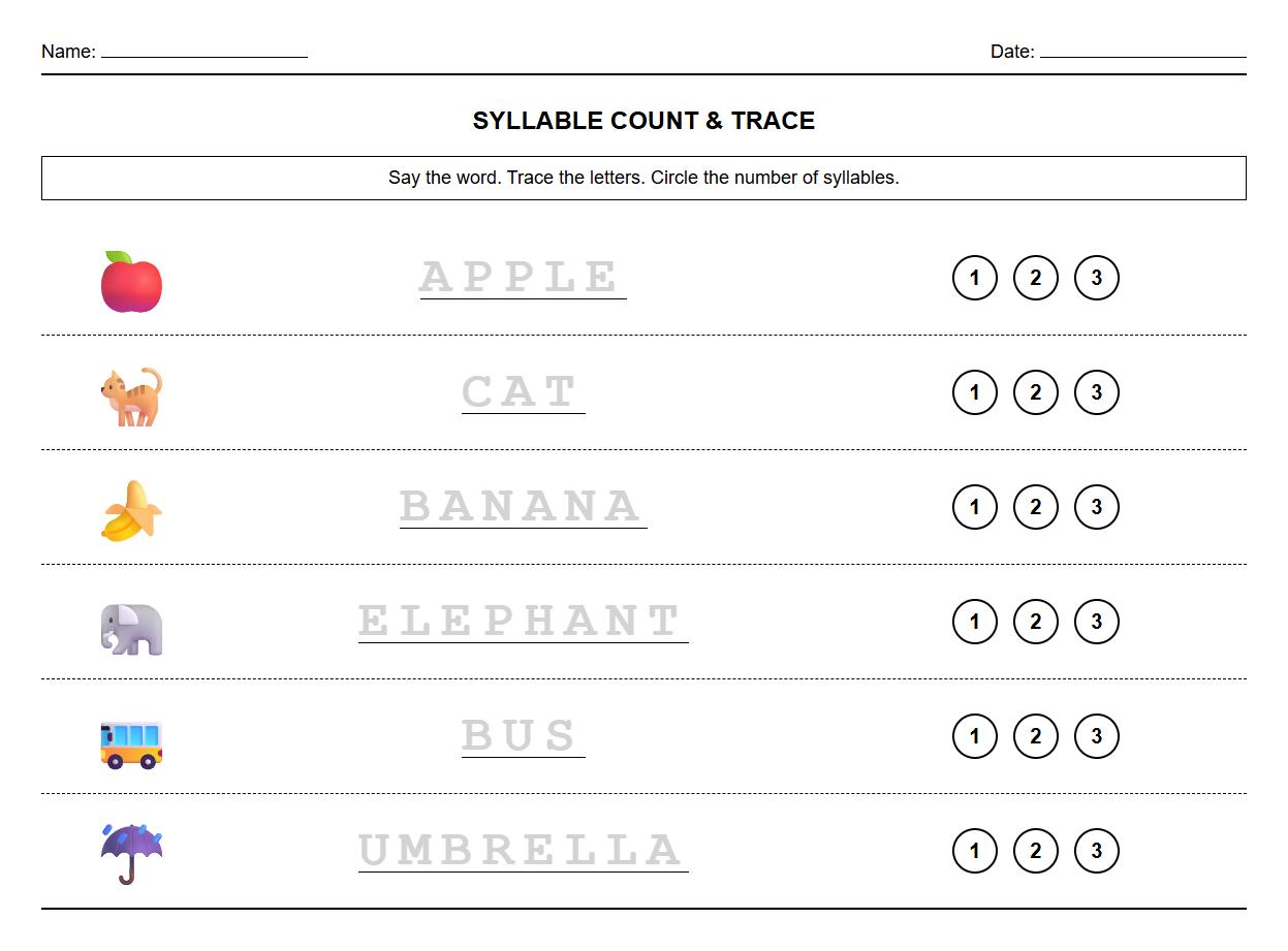 Syllable segmentation worksheet with alphabet tracing and picture clues