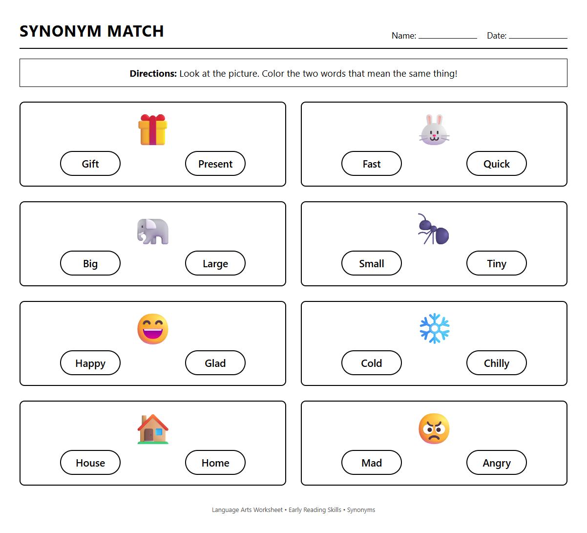 Synonym Coloring Worksheets for Early Reading Skills