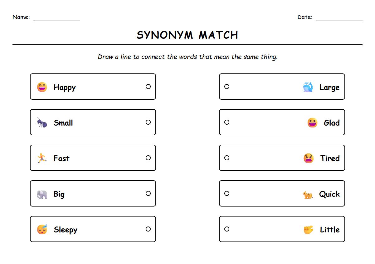 Synonym Matching Pairs Worksheet for Kindergarten