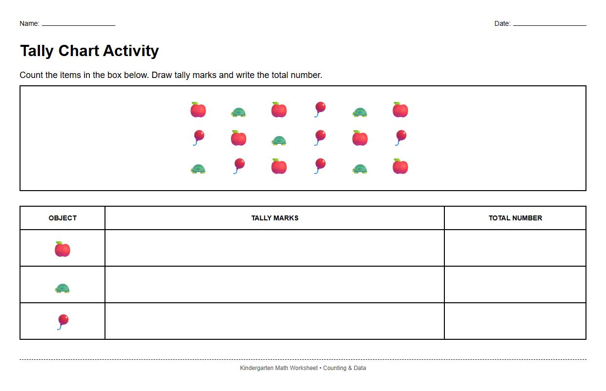 Tally Chart Worksheet for Counting Objects Activity