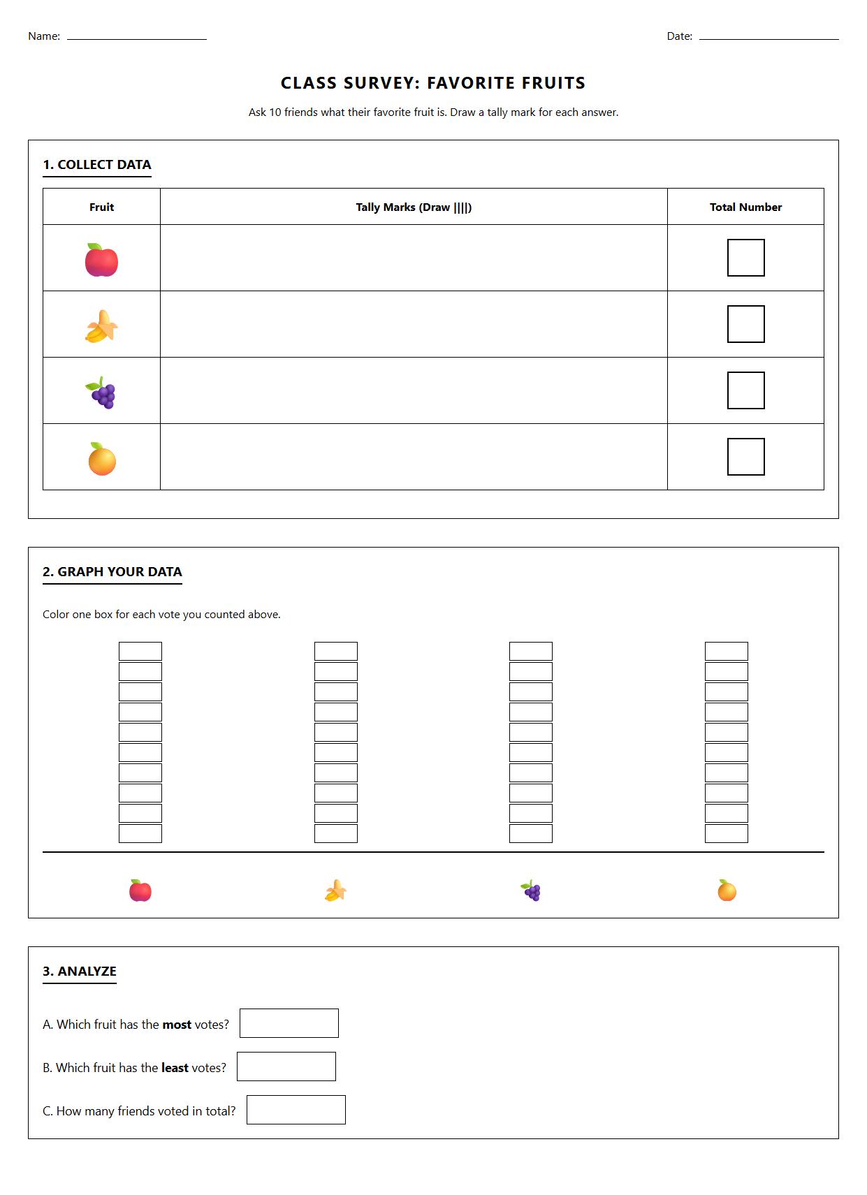 Tally Mark-Based Class Survey and Data Analysis Worksheet