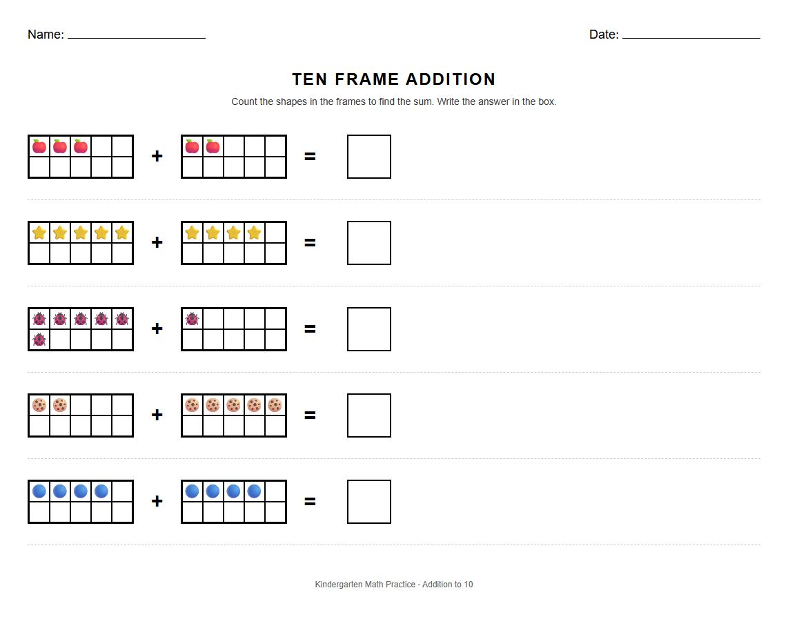 Ten Frame Addition Practice Sheet for Counting