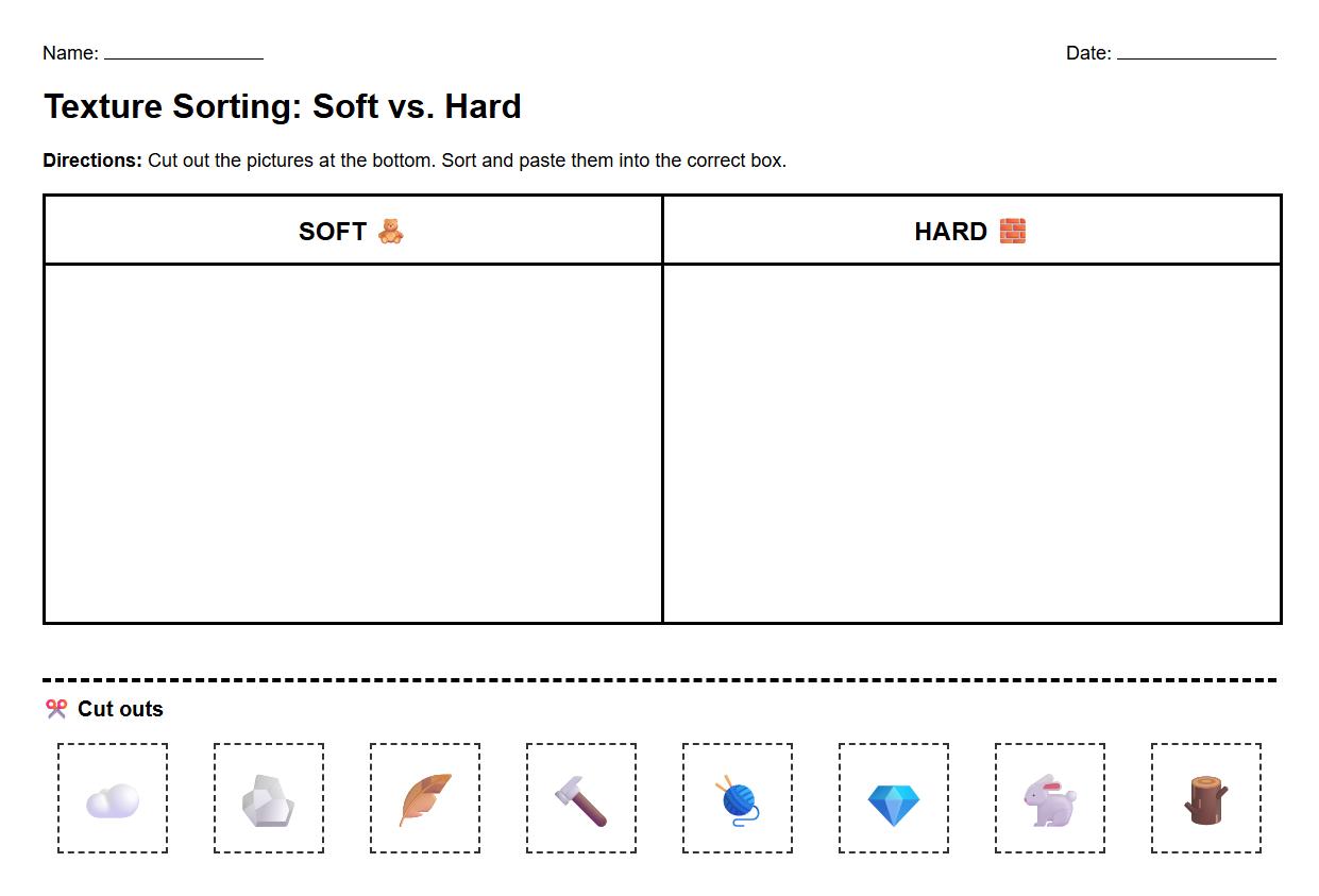 Texture Sorting Worksheet for Soft and Hard Materials