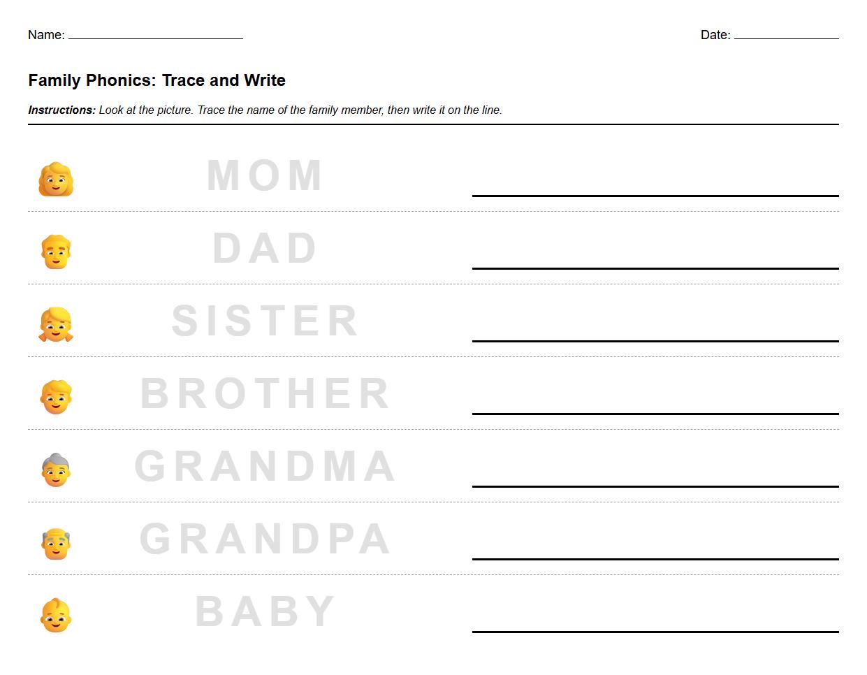 Trace and Write Family Member Names Phonics Worksheet