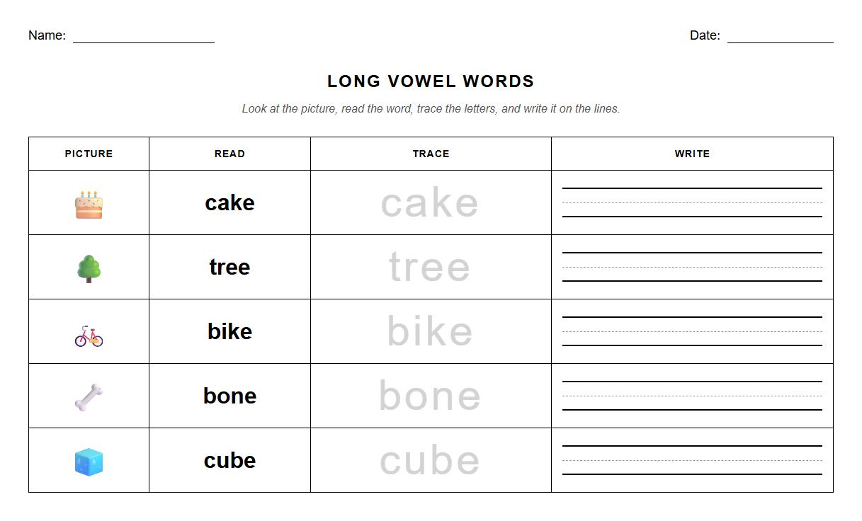 Trace and Write Long Vowel Words Penmanship Worksheet