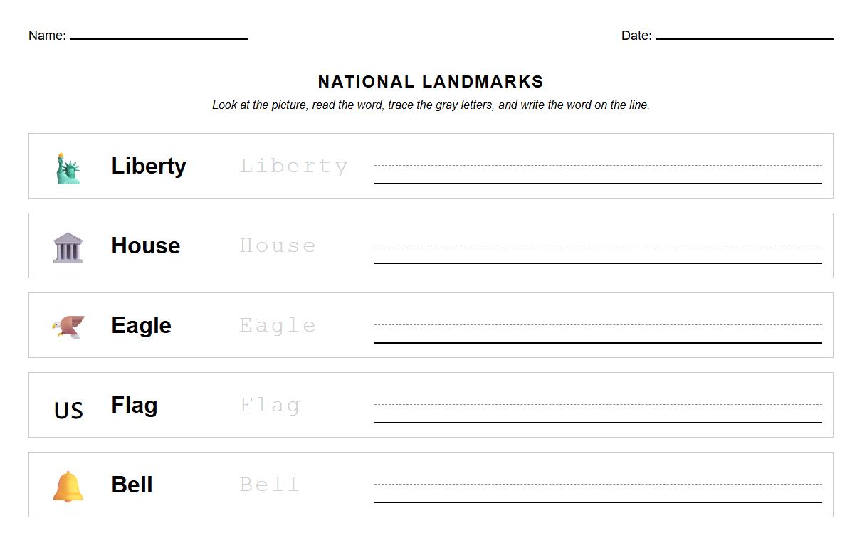 Trace and Write National Landmarks Sight Words Worksheet