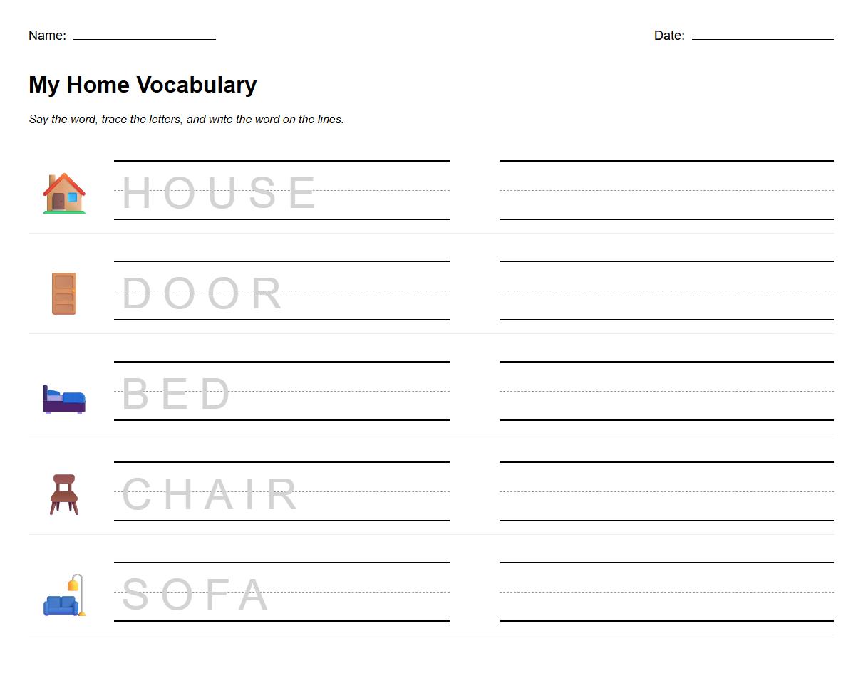 Trace and Write Phonics Worksheet with Home Vocabulary