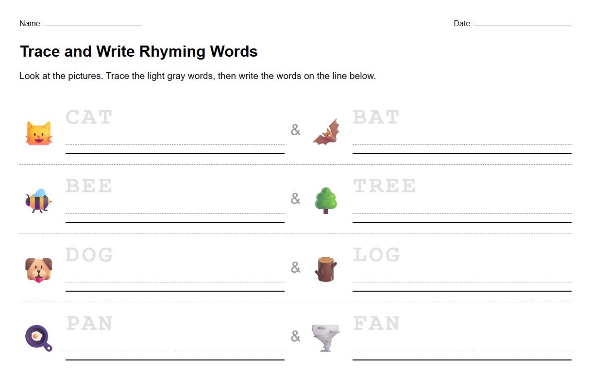 Trace and Write Rhyming Words Phonics Practice