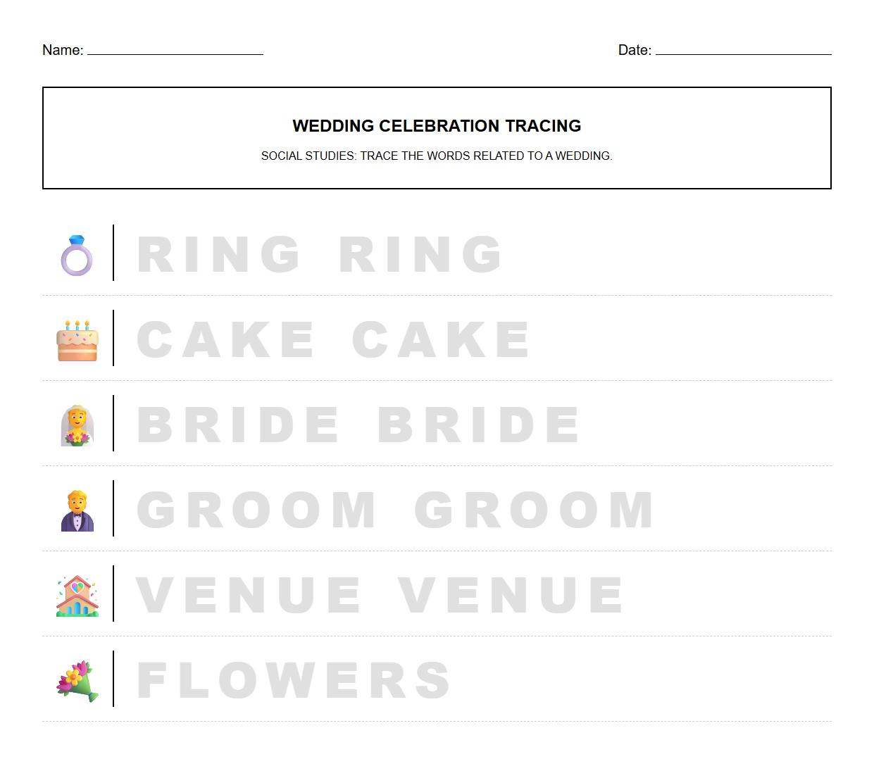 Tracing Letters Worksheet using Wedding Celebration Icons
