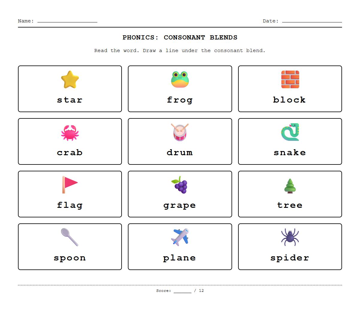 Underline the Consonant Blend in Words Phonics Exercise