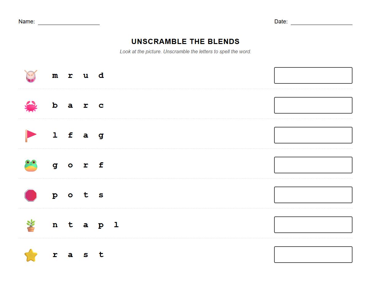 Unscramble Consonant Blends to Form Words Worksheet