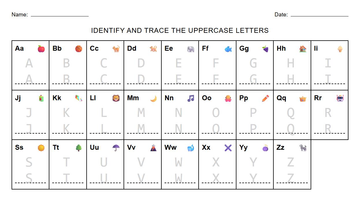 Uppercase Alphabet Letter Recognition and Tracing Worksheet