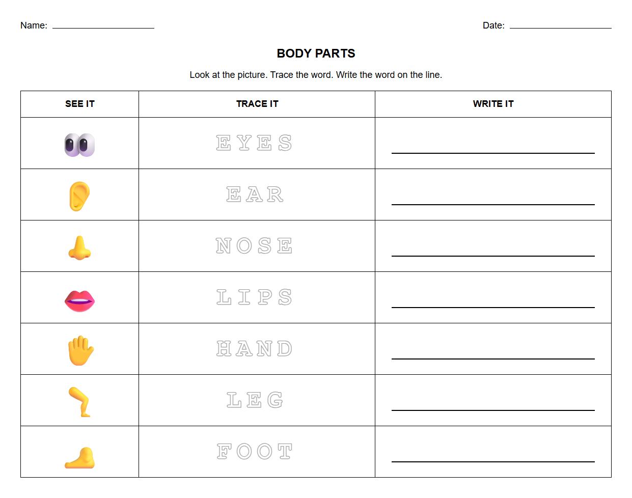 Visual Discrimination Body Parts Tracing and Writing Task