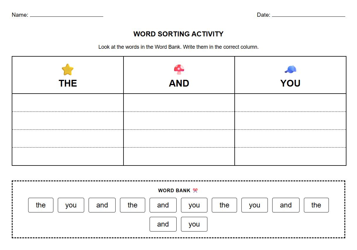 Visual Discrimination High-Frequency Word Sorting Worksheet