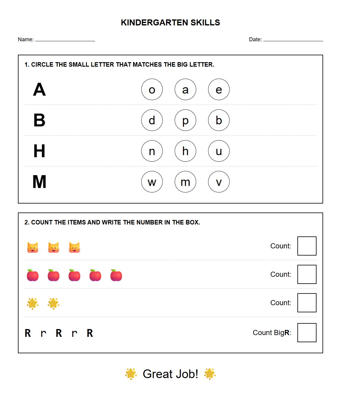 Visual Discrimination worksheet for Kindergarten: Phonics with Big and Small Letters