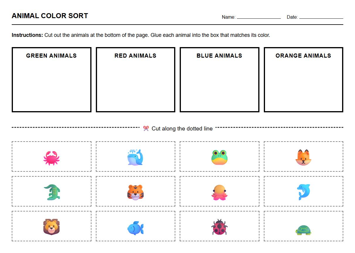 Visual Discrimination Worksheet on Sorting Colors by Animal Images