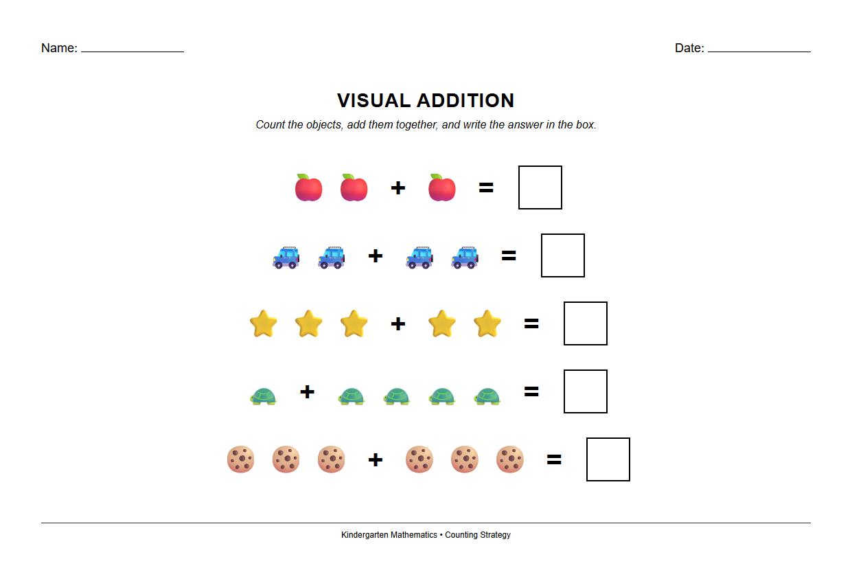 Visual Objects Addition Worksheet with Counting Strategy
