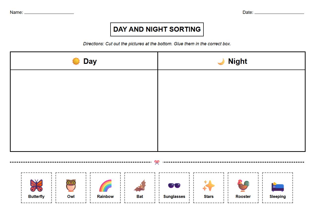 Visual Phonics Differentiation Activity: Day and Night Sorting Worksheet