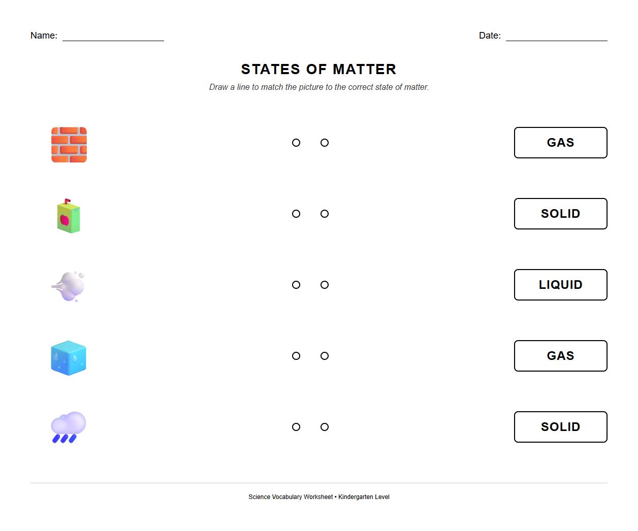 Vocabulary enhancement sheet with images for matching states of matter terminology