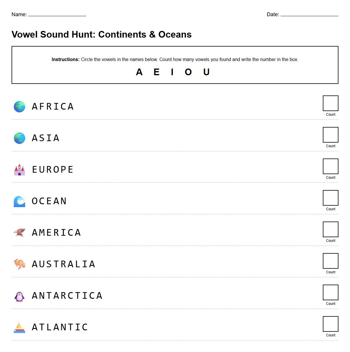 Vowel Sound Identification in Continent and Ocean Names Worksheet