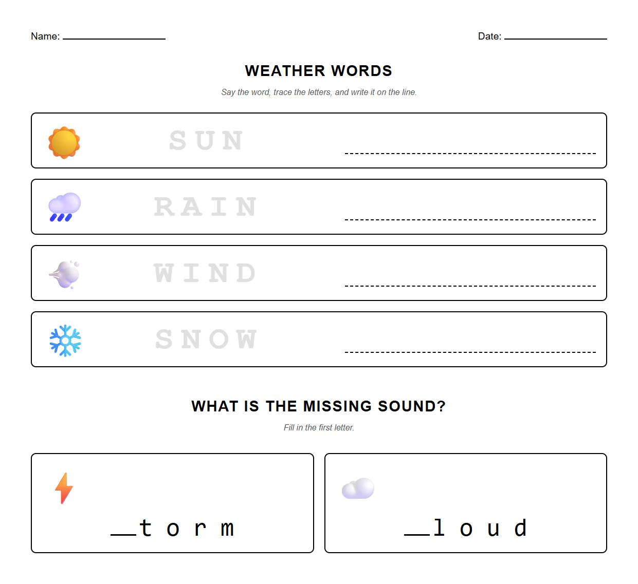 Weather Vocabulary and Phonics Practice Sheet