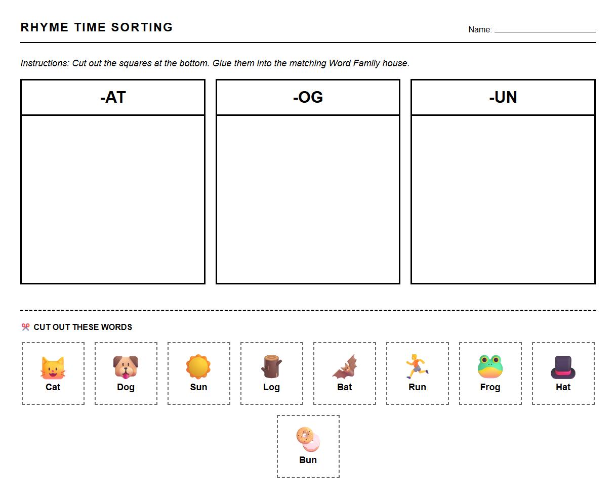 Word Family Rhymes Sorting Worksheet for Early Literacy