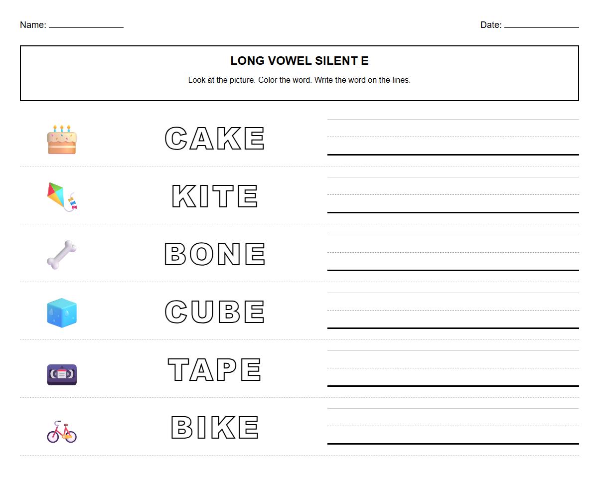 Write and color long vowel silent E words activity