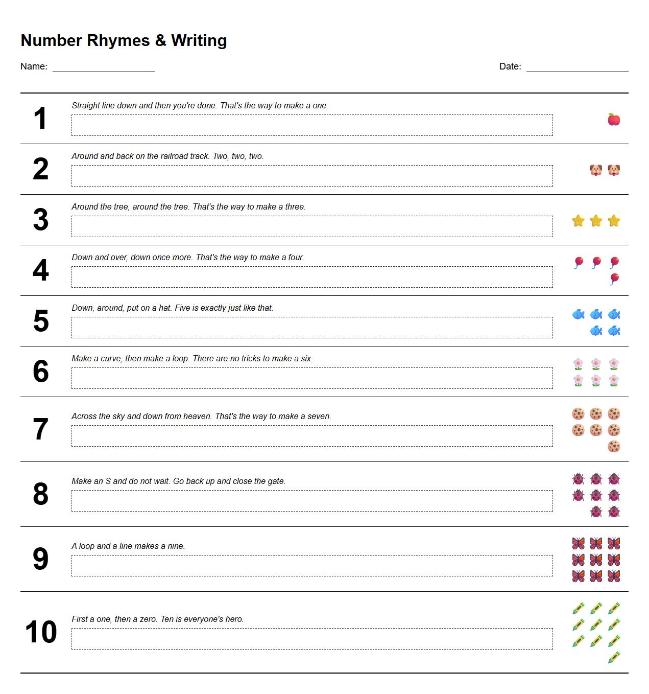 Write numbers in sequence with a phonics rhyme for each