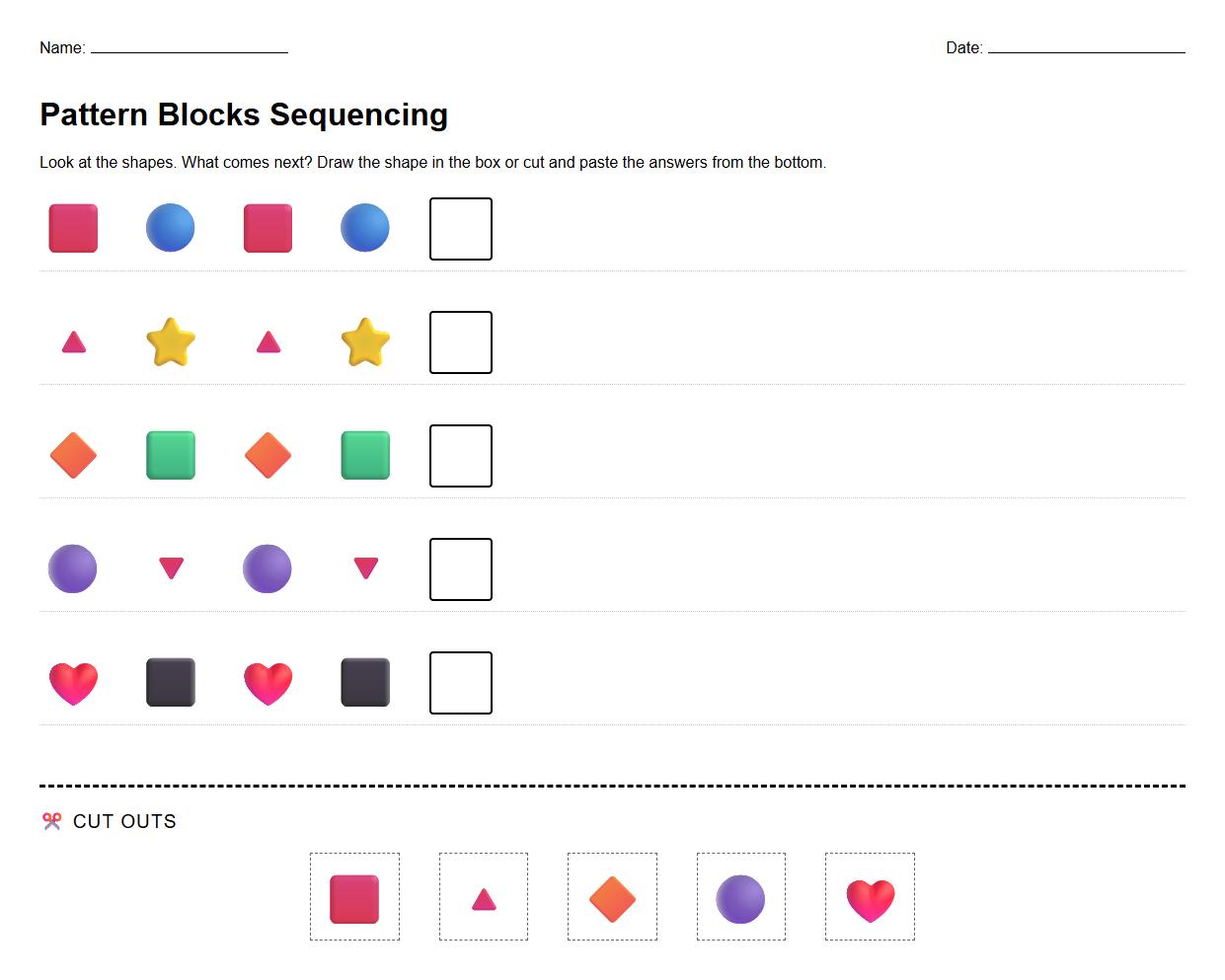 AB Pattern Blocks Sequencing Worksheet for Kindergarten Math
