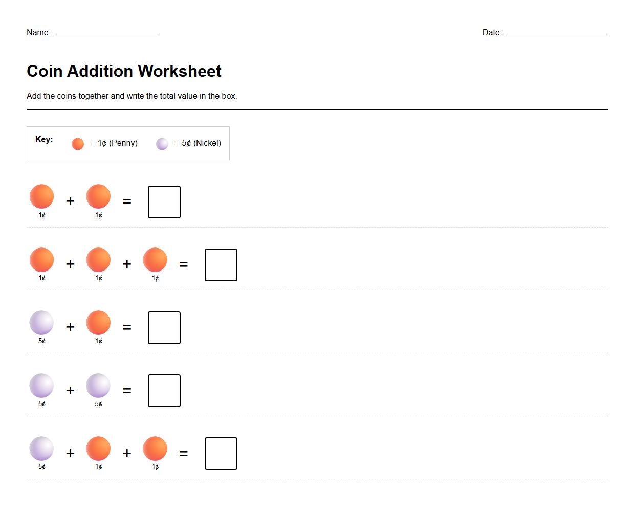 Addition with Coins Worksheet using simple math equations