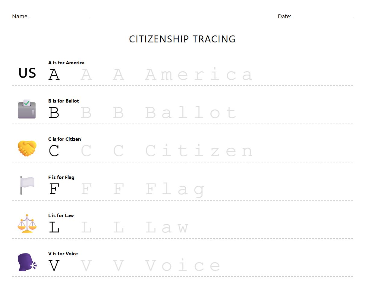 Alphabet Handwriting Tracing Using Citizenship Terms Worksheet