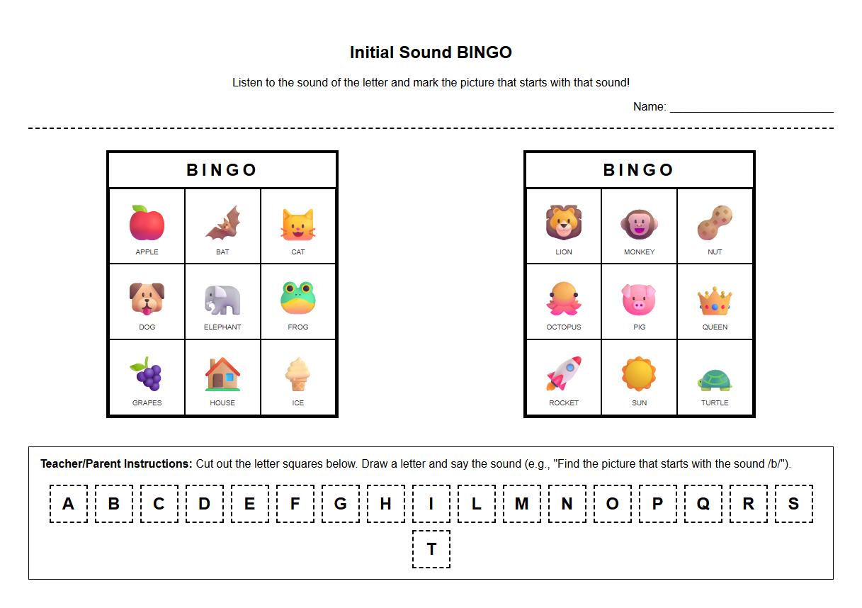 Alphabet initial sound bingo card worksheets