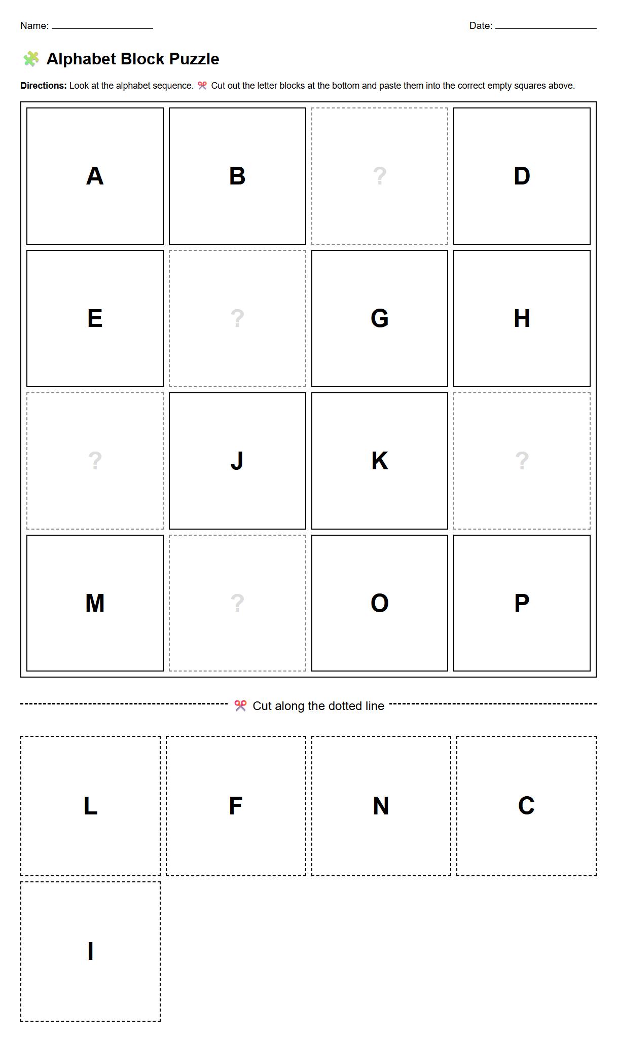 Alphabet Letter Block Puzzle Worksheet for Visual Discrimination Skills