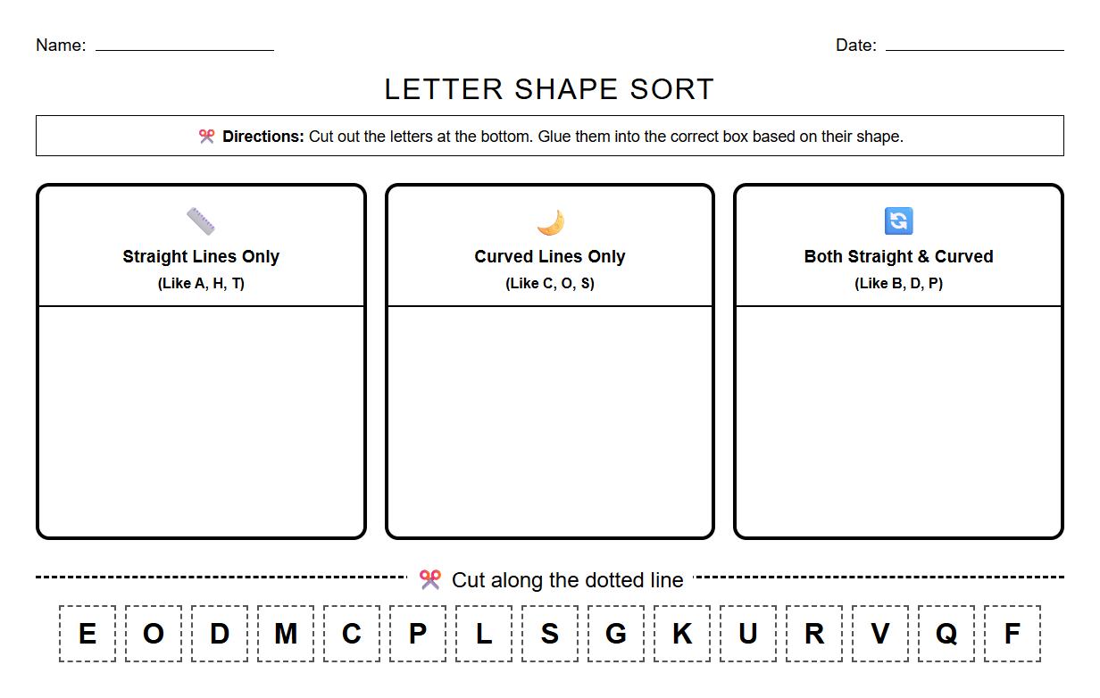 Alphabet Letter Shape Sorting Puzzle Worksheet for Fine Motor Skills