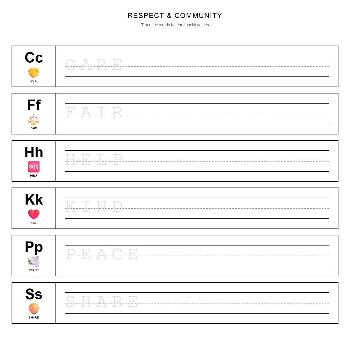 Alphabet Phonics Tracing Worksheet with Respectful Vocabulary