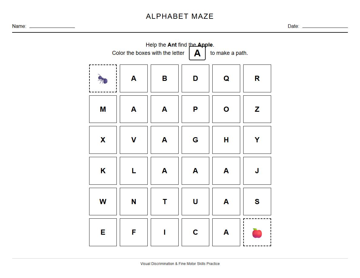 Alphabet Visual Discrimination Maze Worksheet
