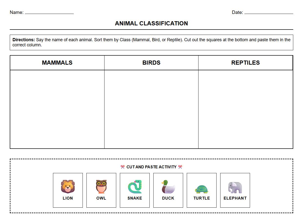 Animal Classification Chart Phonics Worksheet