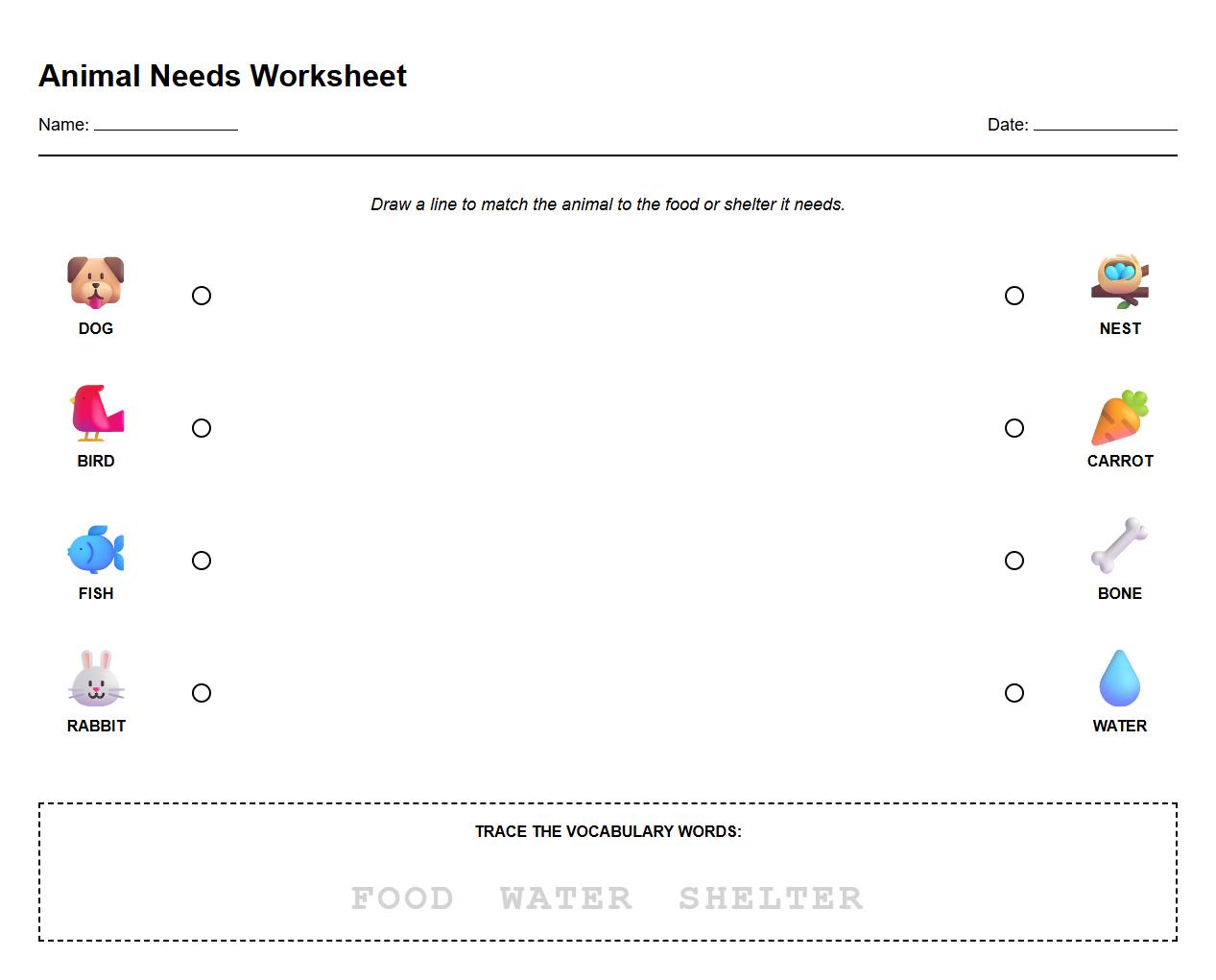 Animal Needs Matching Worksheet with Vocabulary Terms